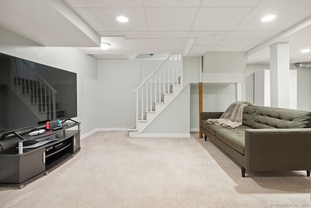 140 Griswold Dr, West Hartford, CT 06119 - living area with stairway, light colored carpet, a drop ceiling, and recessed lighting