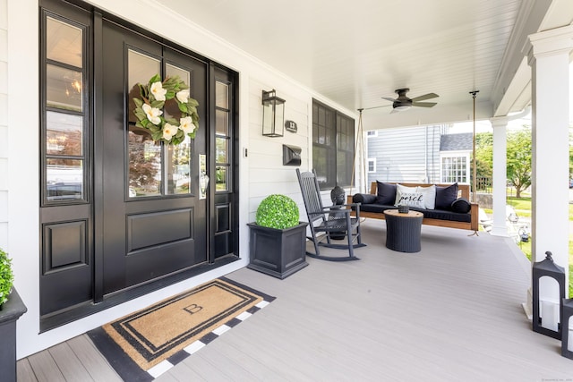 13 Myrtle St, Norwalk, CT 06855 - doorway to property featuring a porch, outdoor lounge area, and a ceiling fan