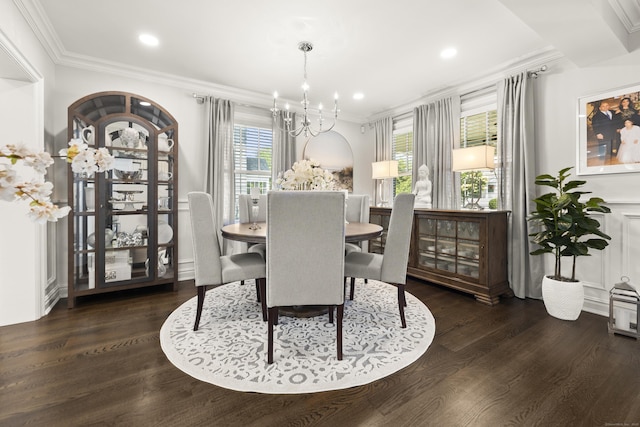 13 Myrtle St, Norwalk, CT 06855 - dining area featuring a chandelier, dark wood-style floors, ornamental molding, and recessed lighting