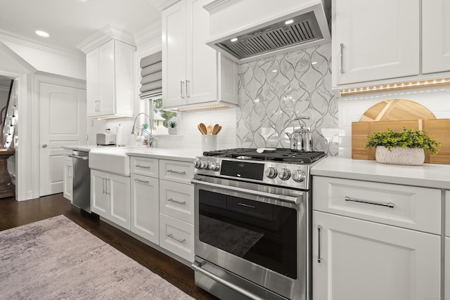 13 Myrtle St, Norwalk, CT 06855 - kitchen featuring appliances with stainless steel finishes, premium range hood, light countertops, white cabinets, and recessed lighting