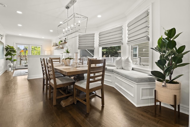 13 Myrtle St, Norwalk, CT 06855 - dining area with ornamental molding, dark wood-style flooring, recessed lighting, and a chandelier