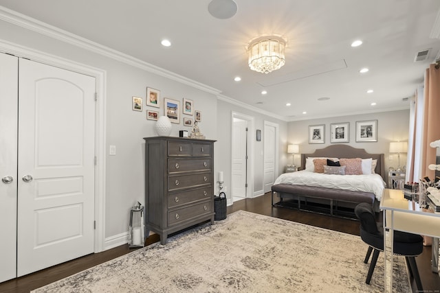 13 Myrtle St, Norwalk, CT 06855 - bedroom featuring dark wood-style floors, recessed lighting, and crown molding