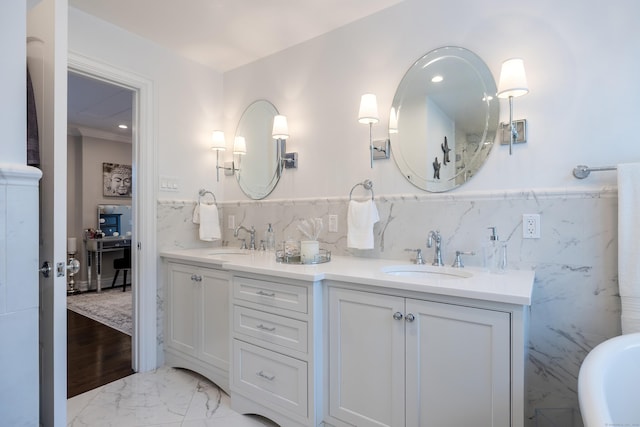 13 Myrtle St, Norwalk, CT 06855 - bathroom featuring double vanity, marble finish floors, and a freestanding bath