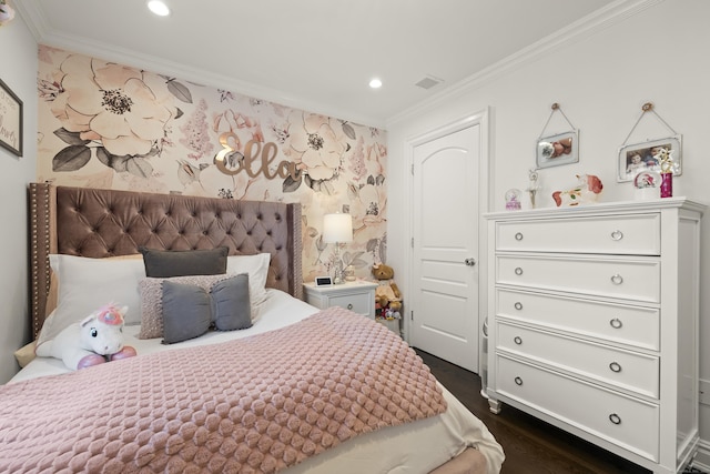 13 Myrtle St, Norwalk, CT 06855 - bedroom with ornamental molding, recessed lighting, dark wood finished floors, wallpapered walls, and an accent wall