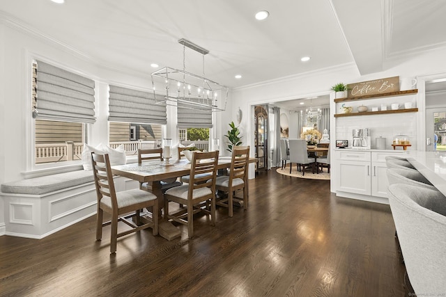 13 Myrtle St, Norwalk, CT 06855 - dining space featuring ornamental molding, a chandelier, recessed lighting, and dark wood-style flooring