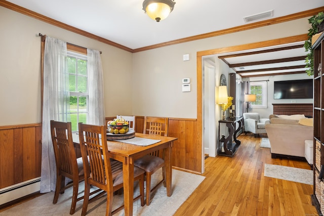 57 Falls Bashan Rd, East Haddam, CT 06469 - dining space with baseboard heating, wainscoting, light wood-type flooring, wooden walls, and crown molding