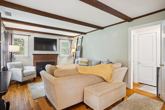 57 Falls Bashan Rd, East Haddam, CT 06469 - living area featuring beam ceiling, plenty of natural light, hardwood / wood-style floors, and a fireplace