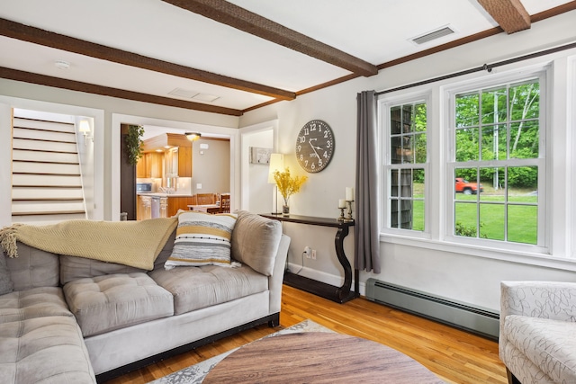 57 Falls Bashan Rd, East Haddam, CT 06469 - living room featuring a baseboard radiator, plenty of natural light, beamed ceiling, wood finished floors, and stairway