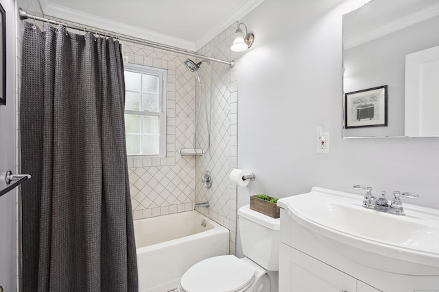57 Falls Bashan Rd, East Haddam, CT 06469 - bathroom featuring crown molding, shower / bath combo with shower curtain, and vanity