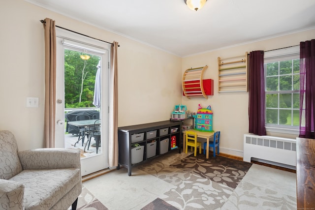 57 Falls Bashan Rd, East Haddam, CT 06469 - sitting room featuring radiator heating unit, plenty of natural light, ornamental molding, and wood finished floors