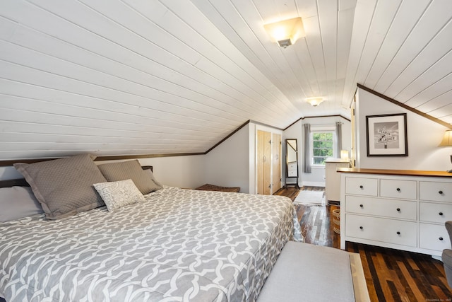 57 Falls Bashan Rd, East Haddam, CT 06469 - bedroom with dark wood finished floors, vaulted ceiling, and wood ceiling