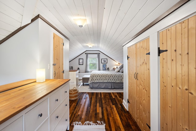 57 Falls Bashan Rd, East Haddam, CT 06469 - bedroom with lofted ceiling, dark wood finished floors, and wooden ceiling