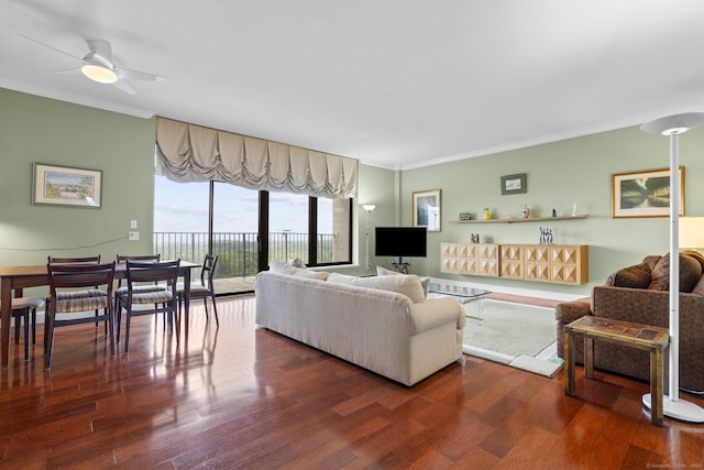 3200 Park Ave Unit 9B1, Bridgeport, CT 06604 - living room featuring crown molding, wood finished floors, and ceiling fan