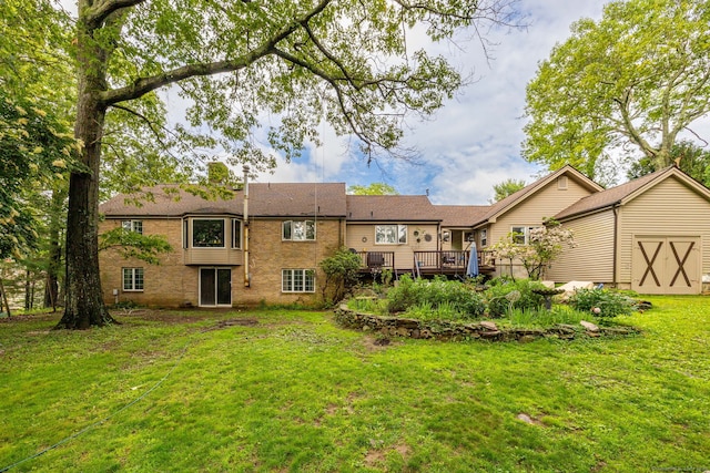 123 Silkey Rd, Granby, CT 06060 - rear view of property with a wooden deck, a lawn, and brick siding