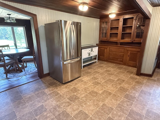 483 Providence Tpke, Hampton, CT 06247 - kitchen with freestanding refrigerator, open shelves, dark countertops, brown cabinets, and wood ceiling