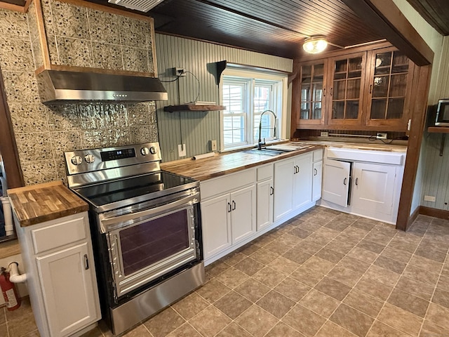483 Providence Tpke, Hampton, CT 06247 - kitchen featuring electric stove, wood counters, ventilation hood, open shelves, and wooden ceiling
