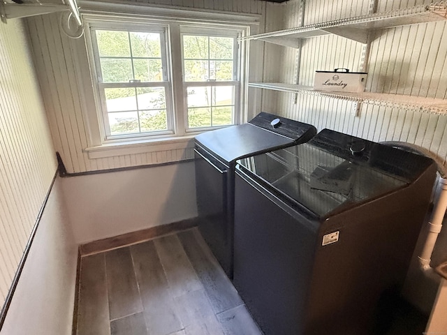 483 Providence Tpke, Hampton, CT 06247 - laundry room with washing machine and dryer, wood finished floors, and wooden walls