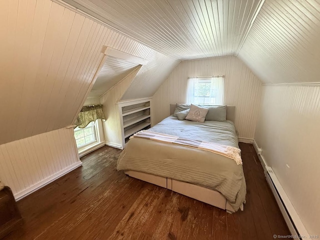 483 Providence Tpke, Hampton, CT 06247 - bedroom with a baseboard heating unit, wood-type flooring, multiple windows, lofted ceiling, and wooden walls