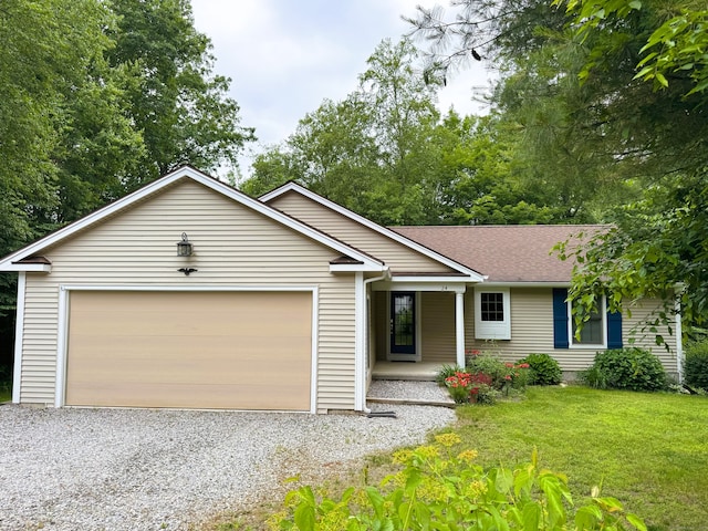 24 Alger Rd, East Haddam, CT 06423 - single story home with driveway, covered porch, an attached garage, a front yard, and roof with shingles