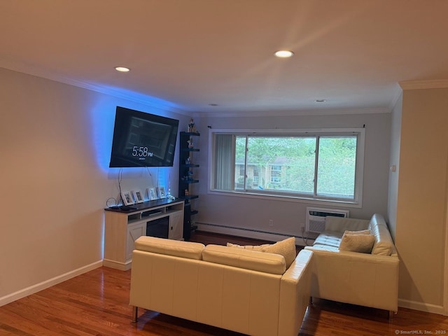 333 Vincellette St Unit 109, Bridgeport, CT 06606 - living room with a wall mounted AC, crown molding, dark wood-type flooring, a baseboard heating unit, and recessed lighting