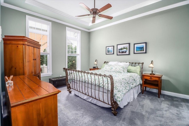 17 Brookside Ct Unit 17, Newtown, CT 06470 - bedroom featuring carpet floors, ornamental molding, a tray ceiling, and ceiling fan