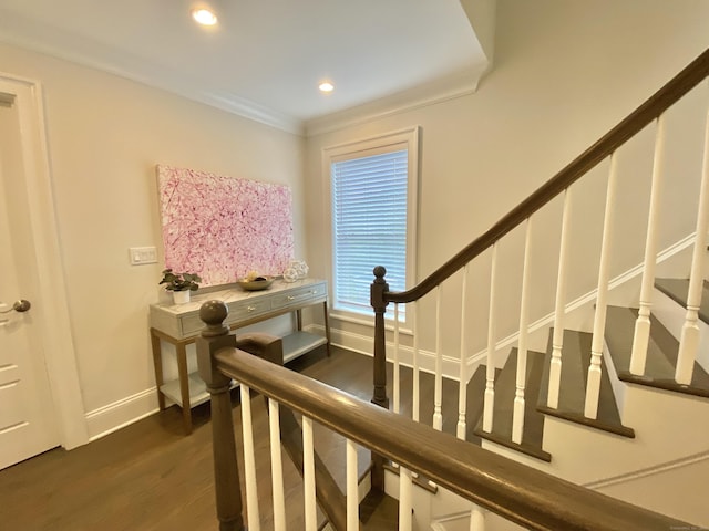 159 Colonial Rd Unit 5, Stamford, CT 06906 - staircase featuring wood finished floors, recessed lighting, and ornamental molding