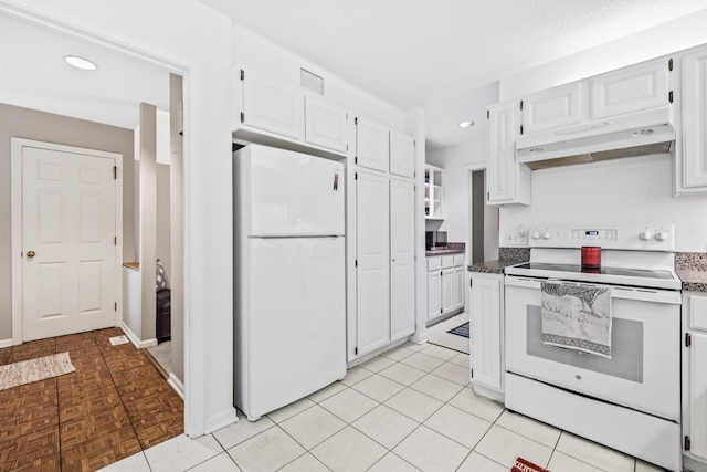 17 Font Hill Park Unit 17, Bloomfield, CT 06002 - kitchen with white appliances, under cabinet range hood, white cabinets, recessed lighting, and light tile patterned floors