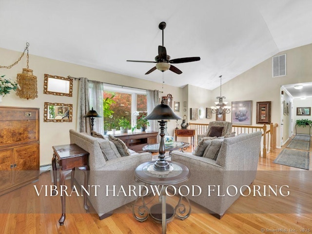7 Sylvan Rd, Danbury, CT 06811 - living room featuring ceiling fan, wood finished floors, vaulted ceiling, and a chandelier