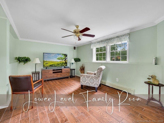 7 Sylvan Rd, Danbury, CT 06811 - sitting room with a baseboard radiator, ornamental molding, a ceiling fan, and wood finished floors