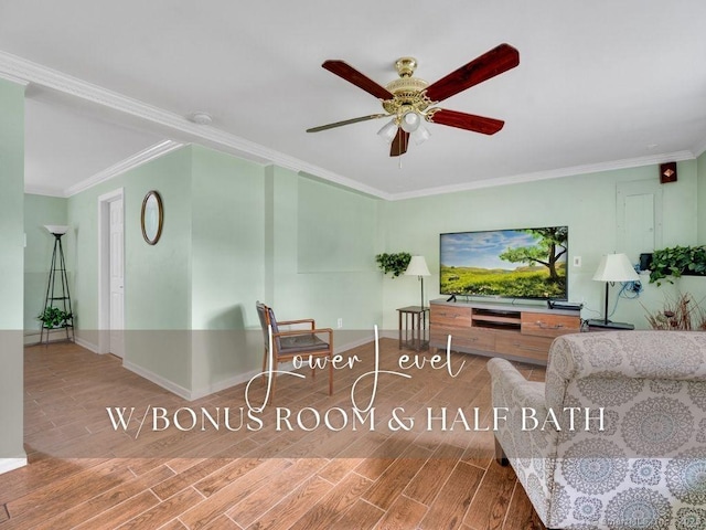 7 Sylvan Rd, Danbury, CT 06811 - living area featuring a ceiling fan, wood finished floors, and ornamental molding