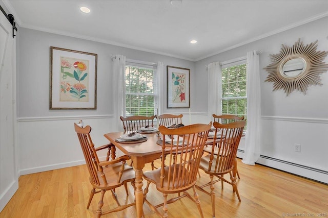 15 Thompson Hill Rd, Canton, CT 06019 - dining room featuring crown molding, light wood-style flooring, a barn door, and recessed lighting