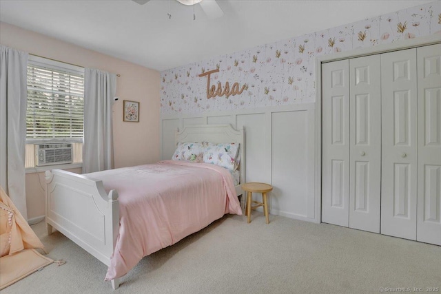 15 Thompson Hill Rd, Canton, CT 06019 - carpeted bedroom with wallpapered walls, cooling unit, a closet, wainscoting, and ceiling fan