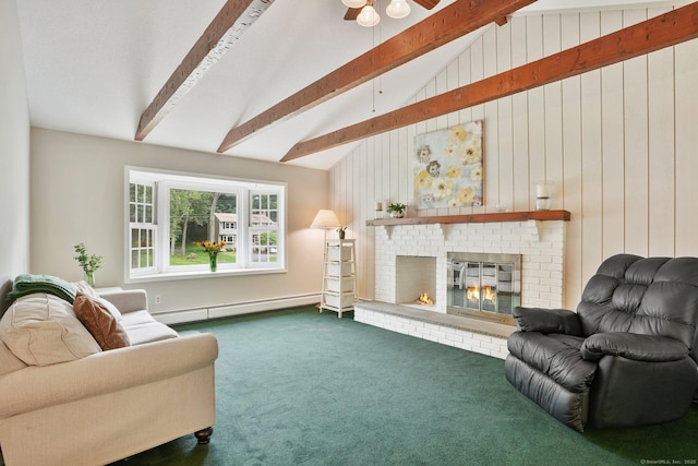 58 Inca Dr, Trumbull, CT 06611 - living area featuring a baseboard radiator, carpet flooring, a fireplace, ceiling fan, and wood walls
