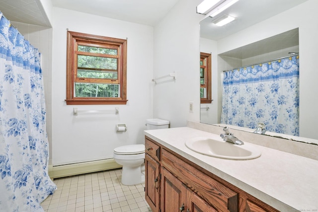 58 Inca Dr, Trumbull, CT 06611 - full bath with a baseboard heating unit, vanity, tile patterned flooring, and curtained shower