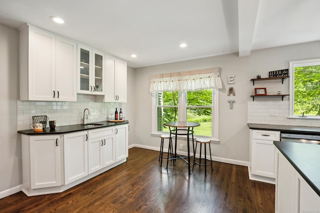 28 Saddle Ridge Dr, Simsbury, CT 06092 - kitchen featuring dark countertops, decorative backsplash, open shelves, white cabinets, and recessed lighting
