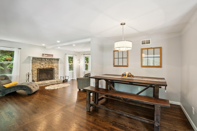 28 Saddle Ridge Dr, Simsbury, CT 06092 - dining area featuring healthy amount of natural light, recessed lighting, wood finished floors, and a stone fireplace