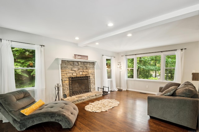 28 Saddle Ridge Dr, Simsbury, CT 06092 - living area with beam ceiling, a fireplace, dark wood finished floors, and recessed lighting