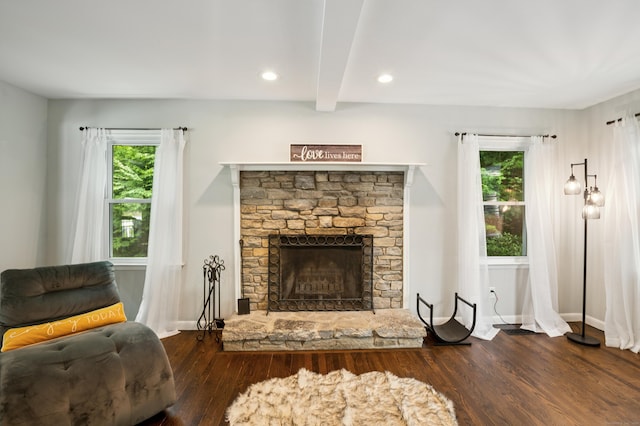 28 Saddle Ridge Dr, Simsbury, CT 06092 - living room with a stone fireplace, wood finished floors, and recessed lighting