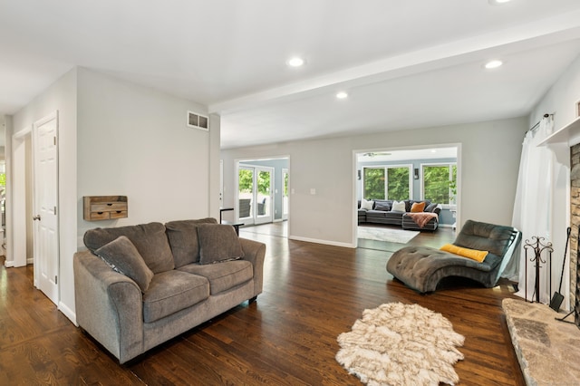 28 Saddle Ridge Dr, Simsbury, CT 06092 - living room featuring recessed lighting, dark wood finished floors, and a stone fireplace