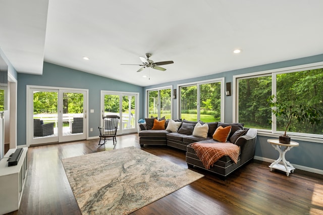 28 Saddle Ridge Dr, Simsbury, CT 06092 - living room with a ceiling fan, vaulted ceiling, dark wood-type flooring, and recessed lighting