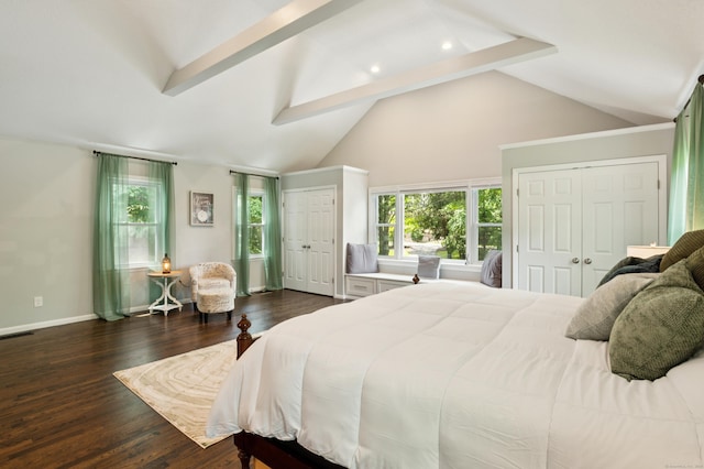 28 Saddle Ridge Dr, Simsbury, CT 06092 - bedroom featuring two closets, dark wood-style floors, recessed lighting, beam ceiling, and high vaulted ceiling