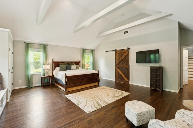 28 Saddle Ridge Dr, Simsbury, CT 06092 - bedroom with a barn door, beam ceiling, wood finished floors, and high vaulted ceiling