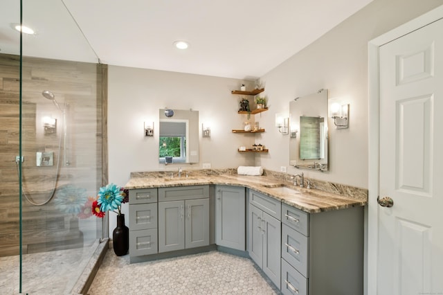 28 Saddle Ridge Dr, Simsbury, CT 06092 - bathroom featuring double vanity, walk in shower, tile patterned floors, and recessed lighting