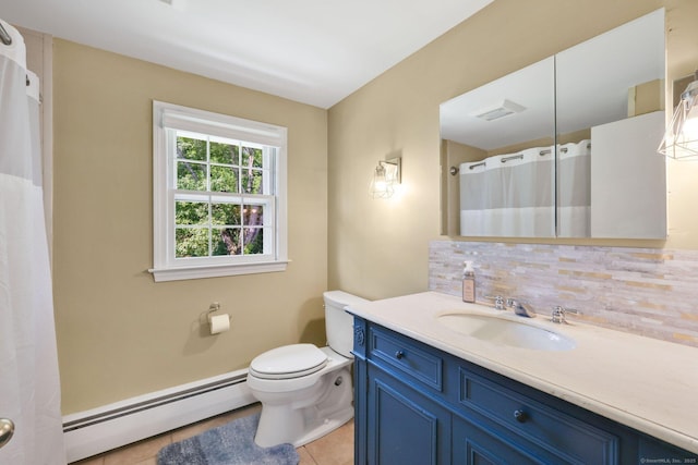 39 Alder Rd, Simsbury, CT 06070 - bathroom featuring baseboard heating, tasteful backsplash, tile patterned floors, vanity, and a shower with shower curtain