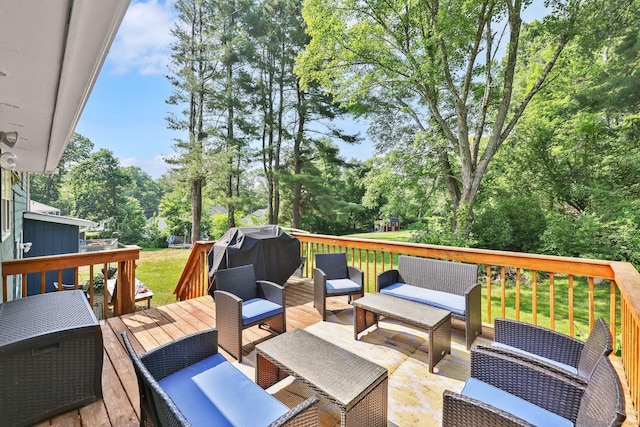 39 Alder Rd, Simsbury, CT 06070 - wooden deck featuring outdoor lounge area, view of wooded area, a grill, and a yard