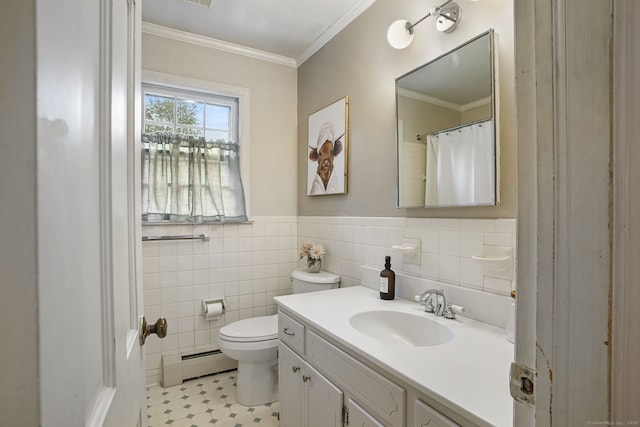 17 Mail Coach Dr, Norwalk, CT 06850 - full bathroom with a baseboard radiator, vanity, ornamental molding, a wainscoted wall, and tile walls