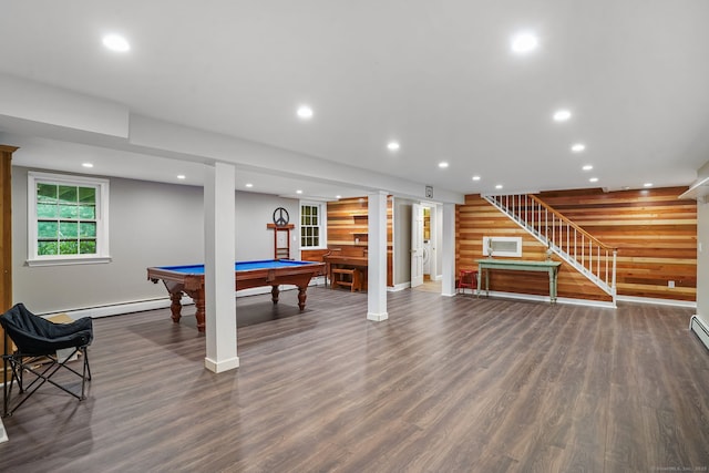 17 Mail Coach Dr, Norwalk, CT 06850 - playroom with wooden walls, a baseboard radiator, recessed lighting, wood finished floors, and pool table