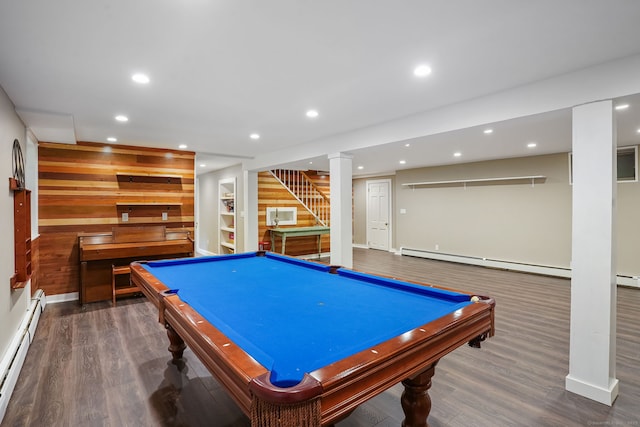 17 Mail Coach Dr, Norwalk, CT 06850 - playroom with wood walls, a baseboard heating unit, wood finished floors, recessed lighting, and billiards