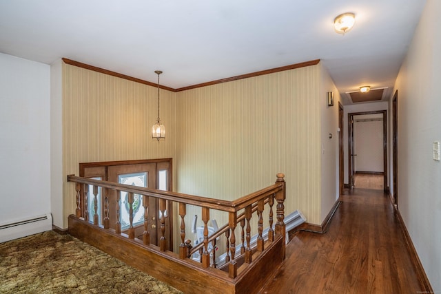 62 Eddy Ln, Newington, CT 06111 - hallway featuring wood finished floors, an upstairs landing, baseboard heating, and ornamental molding