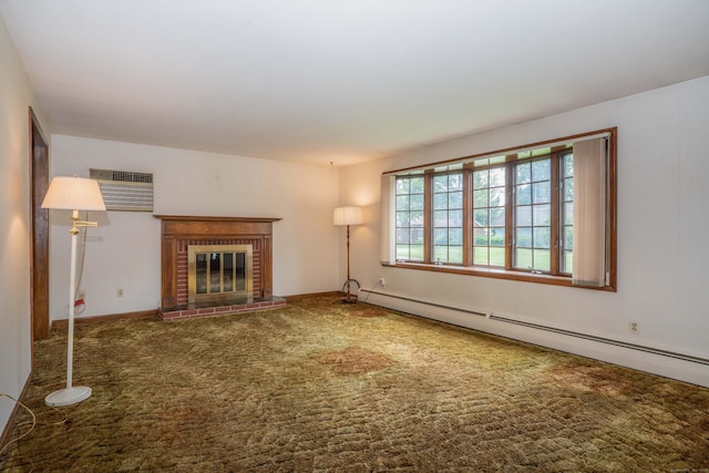 62 Eddy Ln, Newington, CT 06111 - unfurnished living room with a baseboard heating unit, an AC wall unit, carpet flooring, and a fireplace
